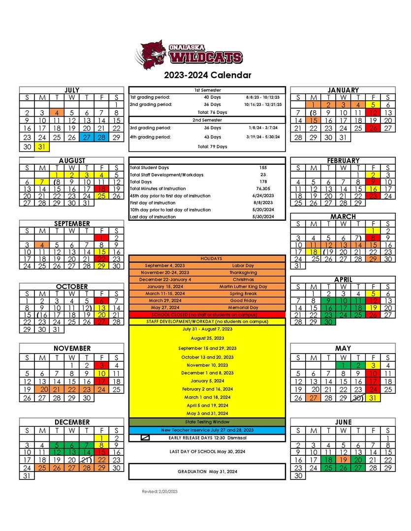 Onalaska ISD - UPDATED SCHOOL CALENDAR!