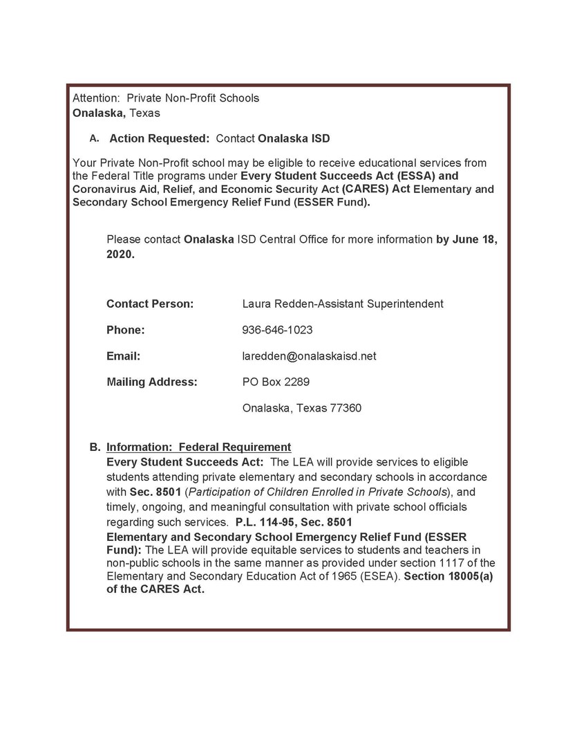 Onalaska ISD Attention Private NonProfit
